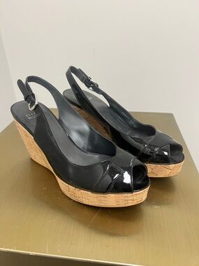 Stuart Weitzman Black Patent Cork Wedge Slingback Peep Toe
